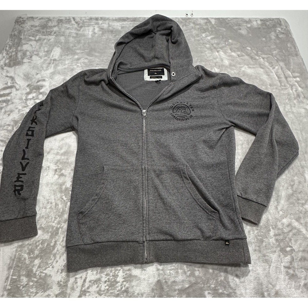 Quiksilver Hoodie Men's‎ Size Large Gray Zip Up Sleeve Print Missing Drawstring